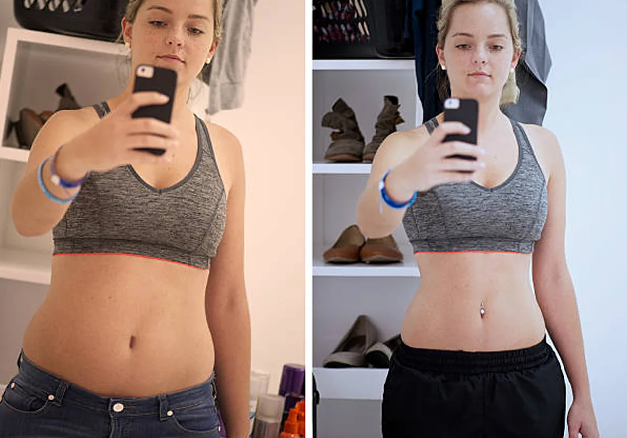 Before and after mirror selfies of a woman's midsection, with a slimmer waist in the after photo. Individual results vary.