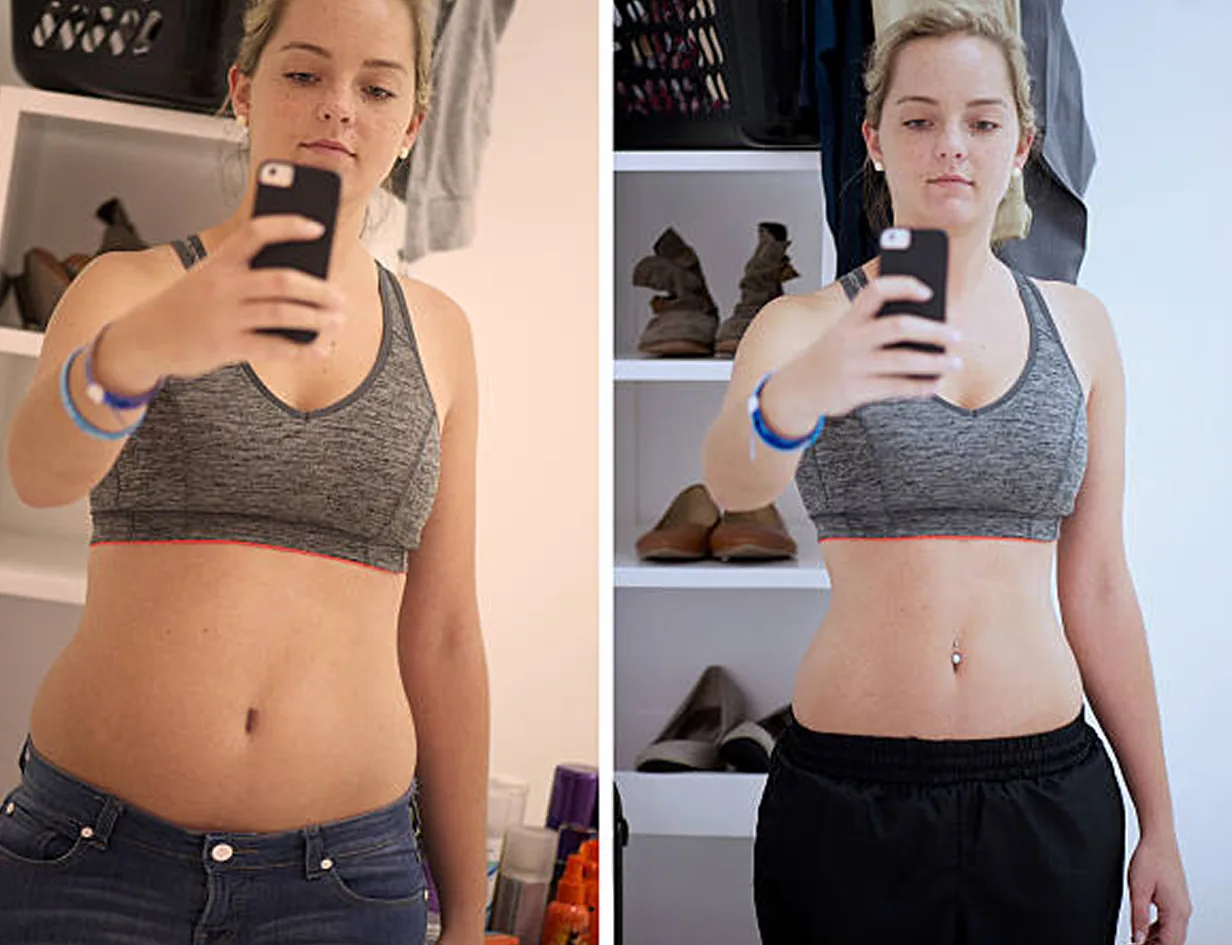 Before and after mirror selfies of a woman in a grey sports bra, with a slimmer waist in the after photo
