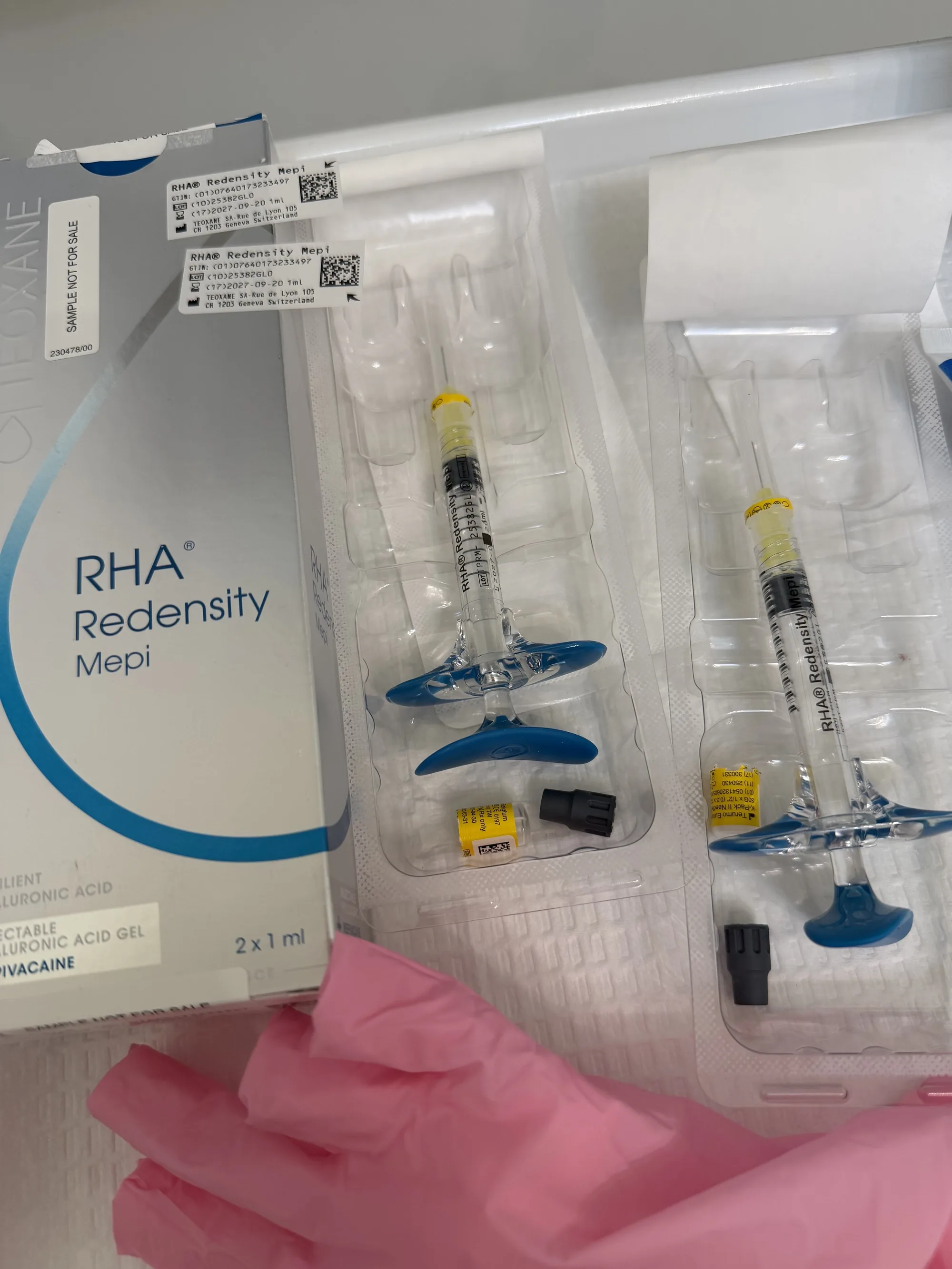 An RHA Redensity filler kit with two prefilled syringes in their tray